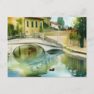 Tarjeta postal de acuarela panorámica del puente d