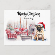 Tarjeta postal de acuarela Pug Feliz Navidad