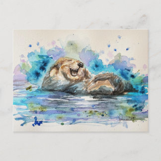 Tarjeta postal de acuarela Sea Otter