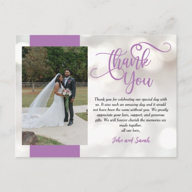 Tarjeta postal de agradecimiento de boda con bokeh (Anverso)