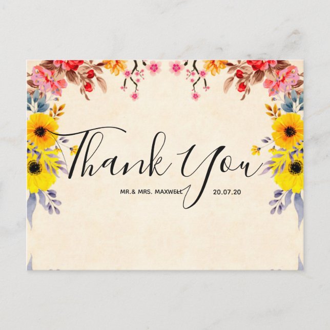 Tarjeta postal de agradecimiento de boda romántico (Anverso)