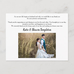 Tarjeta postal de agradecimiento de foto de boda d