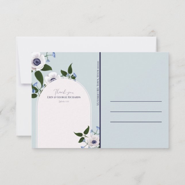 Tarjeta postal de agradecimiento: delfinio azul y  (Reverso)