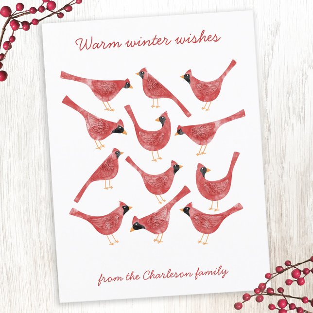 Tarjeta postal de agua de ave cardenal festiva par (Fun red and white watercolor Cardinal bird personalized Christmas Holiday card)