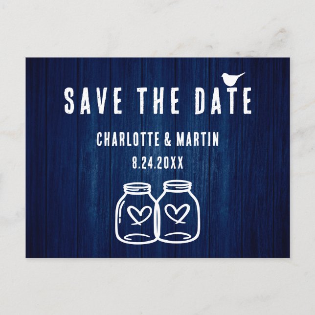 Tarjeta Postal de Ahorro de Boda Rústica Azul Mari (Anverso)
