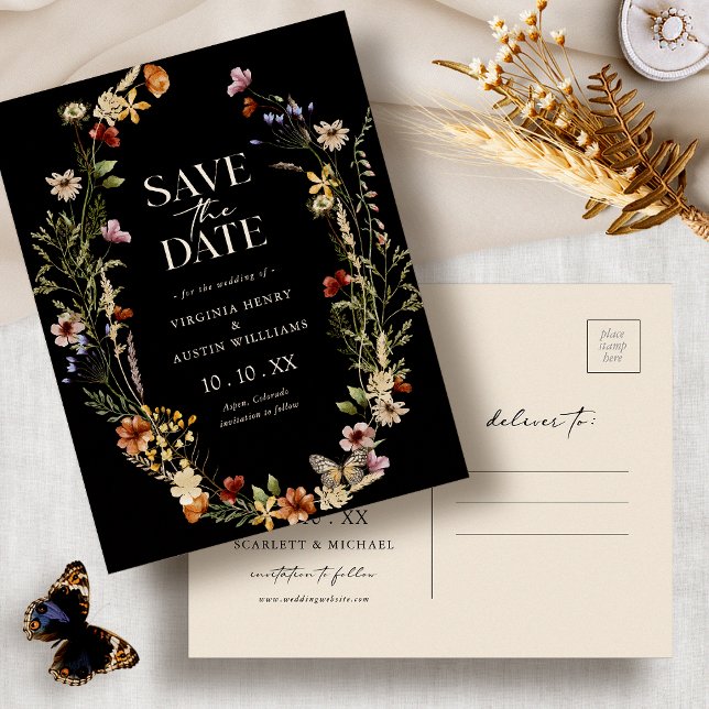Tarjeta Postal de Ahorro de Fecha Boho Negra (Black Boho Watercolor Floral Save The Date Postcard by Painted Paperie
)