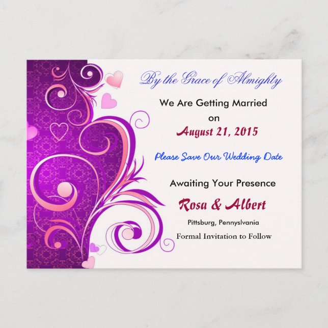 Tarjeta Postal de Ahorro de Fecha de Boda (Morada) (Anverso)