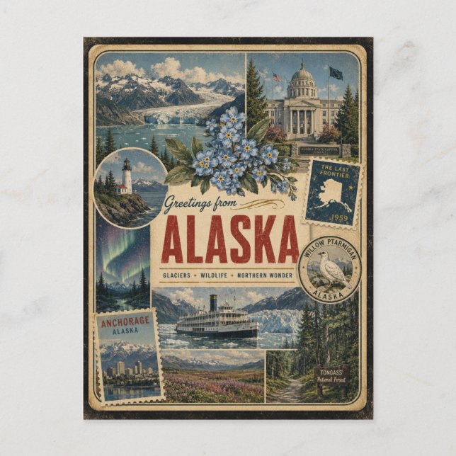 Tarjeta postal de Alaska con estilo vintage autént (Anverso)