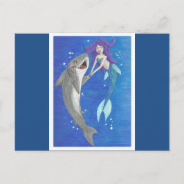 Tarjeta postal de amigos sirenas y tiburones