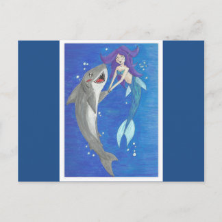 Tarjeta postal de amigos sirenas y tiburones