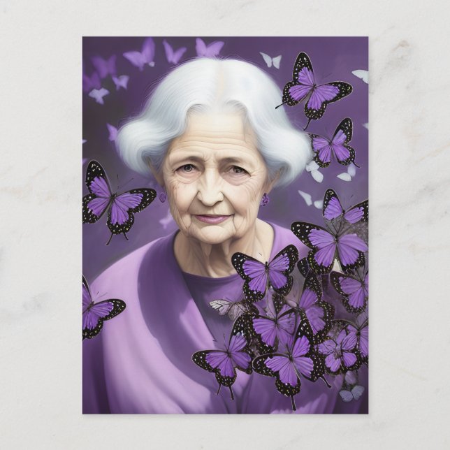 Tarjeta postal de anciana con mariposas moradas (Anverso)