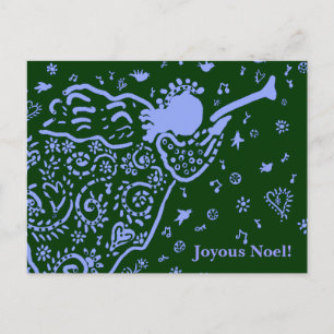 Tarjeta postal de ángel de trompeta azul y verde