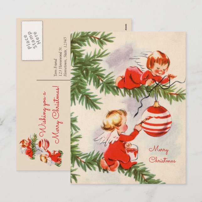 Tarjeta postal de ángeles decorando el árbol de Na (Anverso / Reverso)
