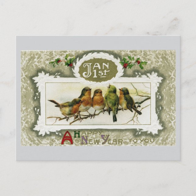 Tarjeta postal de Año Nuevo para Aves Vintage (Anverso)