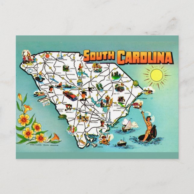 Tarjeta postal de antiguo mapa de Carolina del Sur (Anverso)