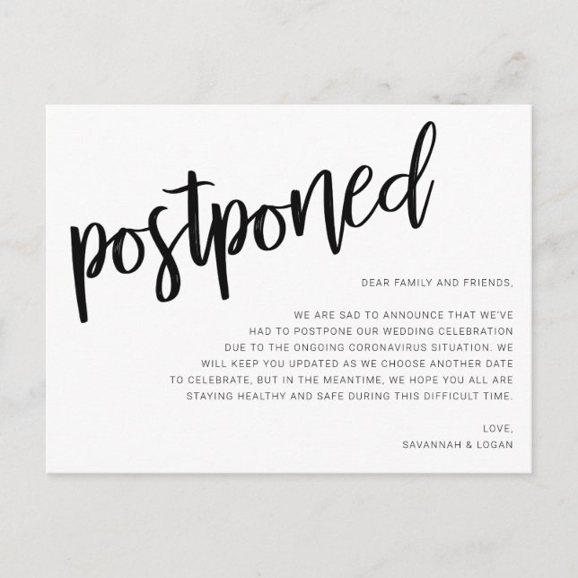 Tarjeta postal de anuncio de aplazamiento de boda (Anverso)