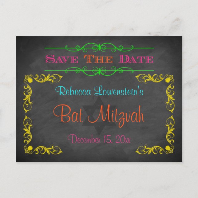 Tarjeta Postal de Anuncio de Bat Mitzvah - Pizarra (Anverso)