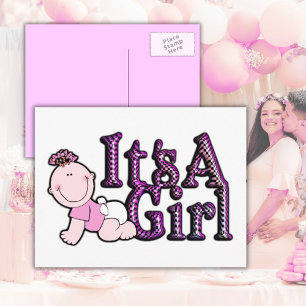Tarjeta postal de anuncio de bebé de niña con cuad