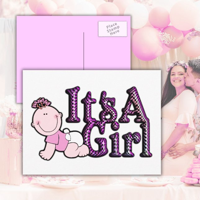 Tarjeta postal de anuncio de bebé de niña con cuad (It's a Girls | Gender Reveal | Baby Shower Postcard)