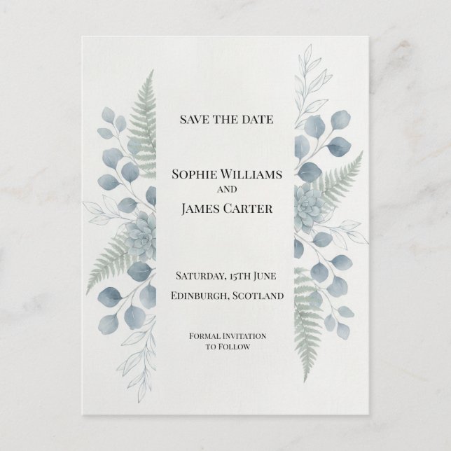 Tarjeta Postal de Anuncio de Boda Botánico Gris Az (Anverso)