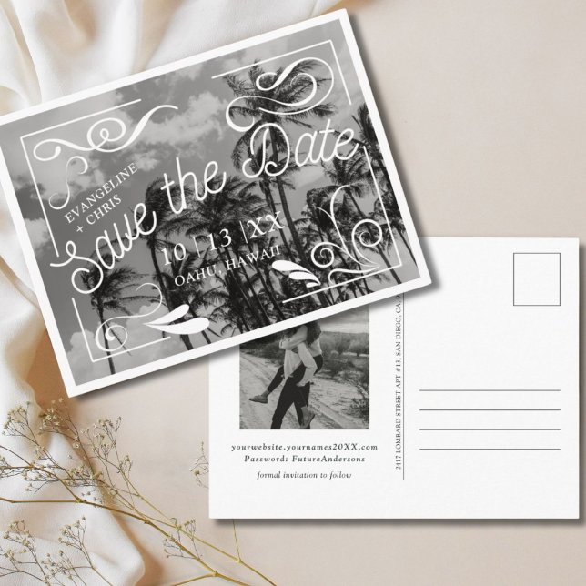 Tarjeta postal de anuncio de boda con palmera mode (Modern Palm Tree Save the Date Postcard)