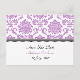 Tarjeta Postal de Anuncio de Boda Damask Púrpura