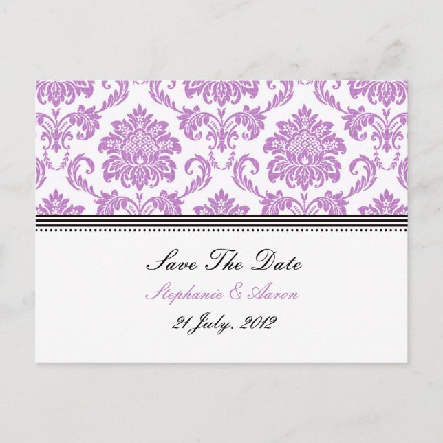 Tarjeta Postal de Anuncio de Boda Damask Púrpura (Anverso)