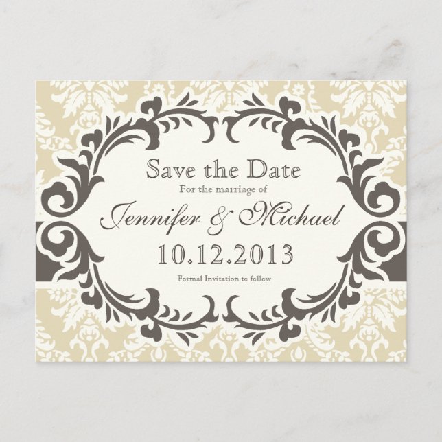 Tarjeta Postal de Anuncio de Boda de Damasco Crema (Anverso)