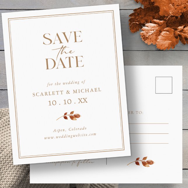 Tarjeta Postal de Anuncio de Boda de Otoño Elegant (Elegant Simple Fall Save The Date Postcard by Painted Paperie
)
