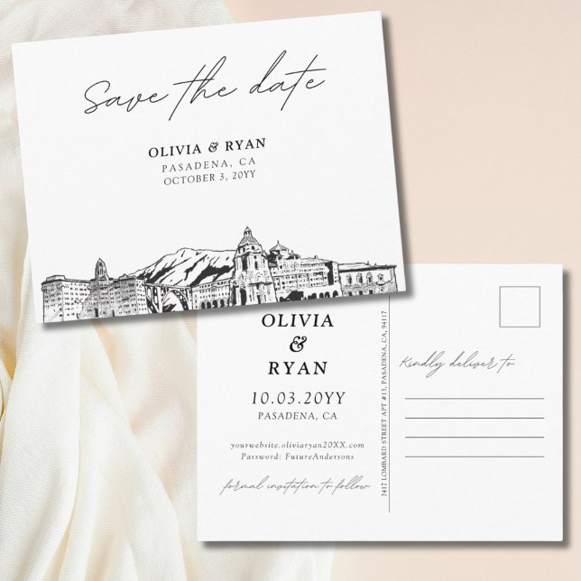 Tarjeta Postal de Anuncio de Boda Elegante de Pasa (Pasadena Save the Date Postcard Elegant Wedding)