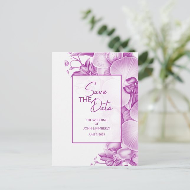 Tarjeta postal de anuncio de boda en ciruela y bla (Anverso de pie)
