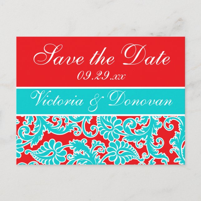 Tarjeta postal de anuncio de boda en damasco azul  (Anverso)