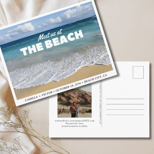 Tarjeta Postal de Anuncio de Boda en la Playa con  (Beach Wedding Ocean Photo Save the Date Postcard
)