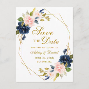 Tarjeta Postal de Anuncio de Boda Floral Rosa Azul