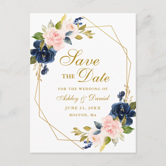 Tarjeta Postal de Anuncio de Boda Floral Rosa Azul (Anverso)