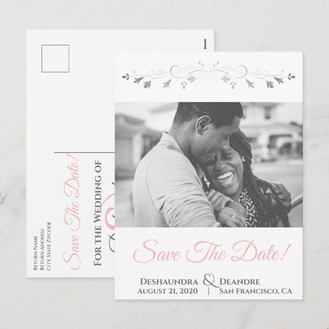 Tarjeta Postal de Anuncio de Boda Rosa y Gris (Anverso / Reverso)