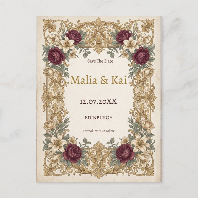 Tarjeta postal de anuncio de fecha de boda con flo (Anverso)