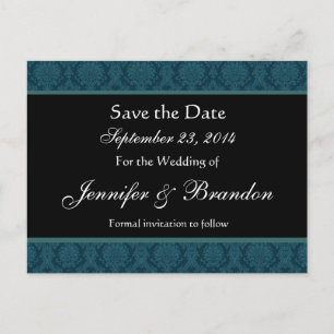Tarjeta postal de anuncio de fecha de boda en azul