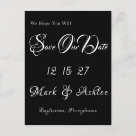 Tarjeta postal de anuncio de fecha de boda en negr