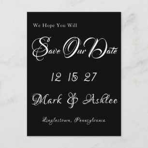 Tarjeta postal de anuncio de fecha de boda en negr
