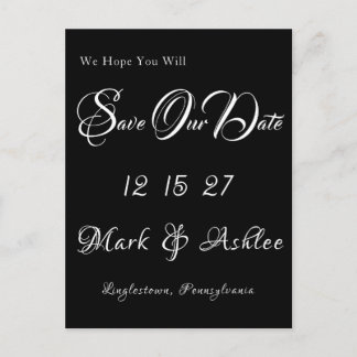 Tarjeta postal de anuncio de fecha de boda en negr