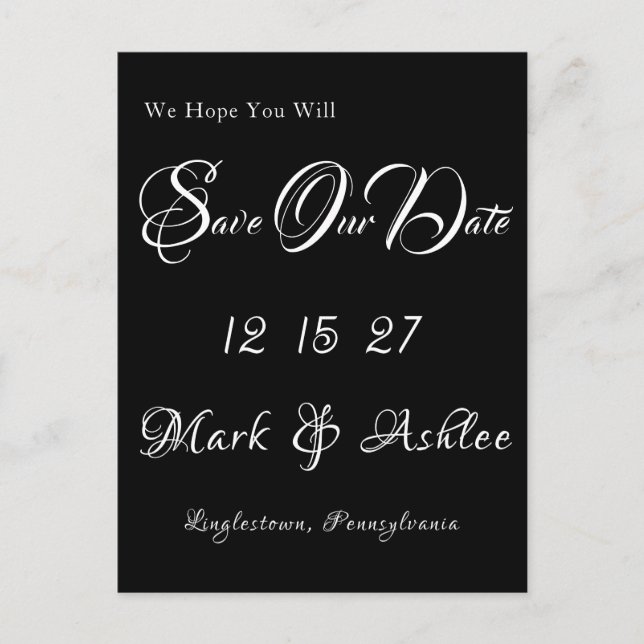 Tarjeta postal de anuncio de fecha de boda en negr (Anverso)