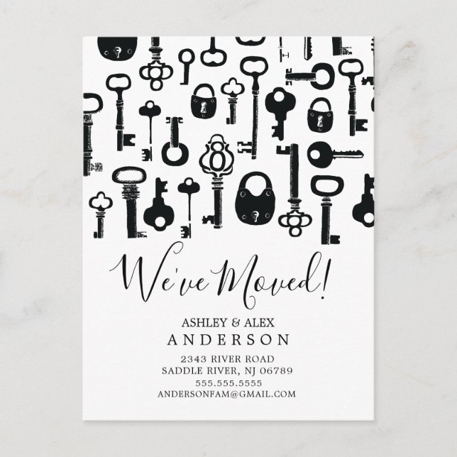 Tarjeta postal de anuncio de mudanza con llaves an (Anverso)
