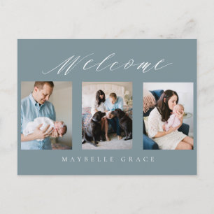 tarjeta postal de anuncio de nacimiento azul con v