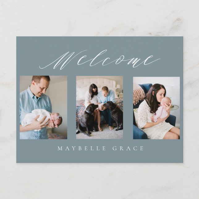 tarjeta postal de anuncio de nacimiento azul con v (Anverso)