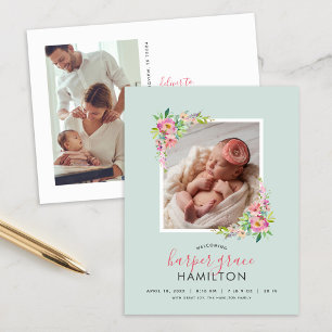 Tarjeta postal de anuncio de nacimiento con foto d