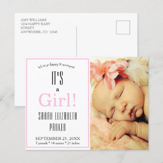 Tarjeta postal de anuncio de nacimiento de niña co