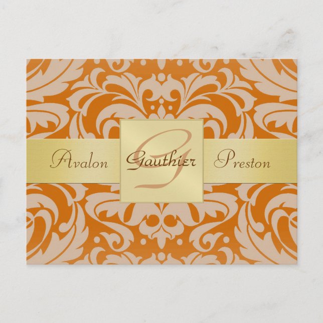 Tarjeta postal de anuncio de Orange Damask Gold Mo (Anverso)