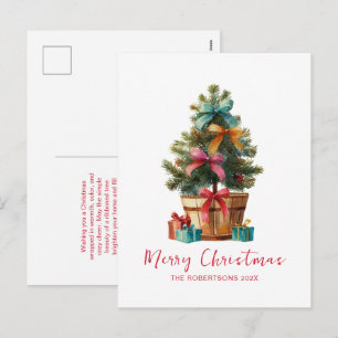 Tarjeta postal de árbol de Navidad rústico con laz