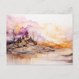 Tarjeta postal de arte de cabaña rústica al atarde